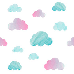 watercolor illustration, seamless pattern witn clouds. Blue, pink clouds. Collection for decor and design. Romantic, natural style. Template for printing on paper, fabric, packaging. Sky view