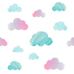 Foto op Plexiglas watercolor illustration, seamless pattern witn clouds. Blue, pink clouds. Collection for decor and design. Romantic, natural style. Template for printing on paper, fabric, packaging. Sky view © Yana