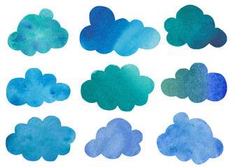 Obraz premium watercolor illustration, set of elements in the form of clouds. Blue clouds. Collection for decor and design. Romantic, natural style. Template for printing on paper, fabric, packaging.