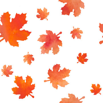 watercolor illustration, pattern with falling yellow and orange Canadian maple leaves. Background with autumn leaf fall. Natural style. For decor and design. Template for printing on paper, packaging