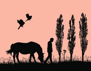 Fototapeta na wymiar A walk in nature with a horse