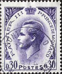 Monaco - circa 1969: a postage stamp from Monaco , showing a portrait of Prince Rainier III