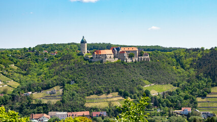 View of the historic town of Freyburg on the Unstrut river with the Neuenburg castle complex and...