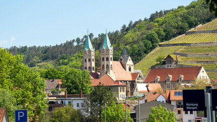 View of the historic town of Freyburg on the Unstrut river with the Neuenburg castle complex and vineyards,Germany