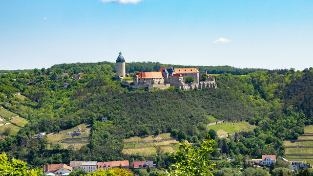 View of the historic town of Freyburg on the Unstrut river with the Neuenburg castle complex and vineyards,Germany