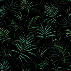Watercolor seamless pattern with tropical leaves isolated on black background. Hand-drawn floral template perfect for fabric, textile, wrapping paper, wallpaper, for design cards, cover.