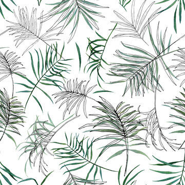 Seamless pattern with tropical leaves in mixed media: watercolor and ink. Hand-drawn floral illustration for design of fabric, textile, wrapping paper, card, package. 