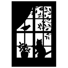 Silhouette of a window with a cat, a potted houseplant and a bird on a branch