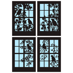 A set of four silhouettes of windows with birds