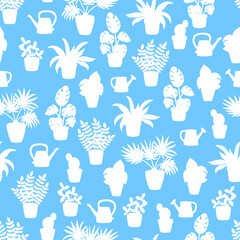 Seamless pattern with silhouettes of potted houseplants