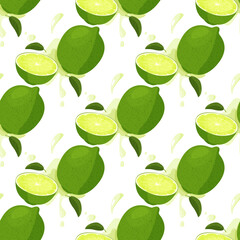 Whole lime and sliced lime with juicy splashes seamless pattern. Realistic vector illustration. Bright food background.