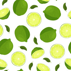 Whole lime and sliced lime with juicy splashes seamless pattern. Realistic vector illustration. Bright food background.