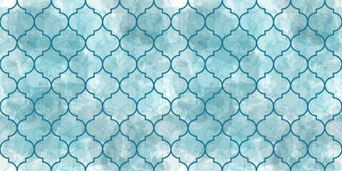 Fototapeta na wymiar Moroccan Seamless Pattern. Turkish Mosque Window Shape. Arabic Mosaic Watercolor Ornament Background. Eid Mubarak Muslim Decoration. Ramadan Kareem Islamic Illustration
