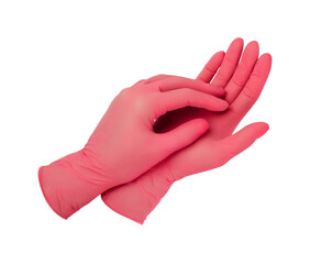 Medical gloves. Two red surgical gloves isolated on white background with hands. Rubber glove manufacturing, human hand is wearing a latex glove. Doctor or nurse putting on protective gloves.