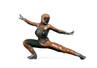 cosmonaut girl is doing a kung fu fighter pose on white background