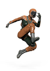 cosmonaut girl is jumping in action on white background
