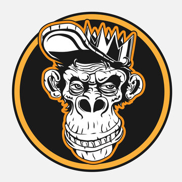 Monkey head with crown. Vintage vector black engraving illustration. Isolated on white background