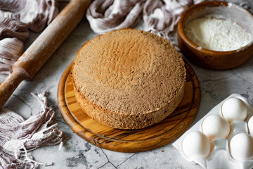 chocolate cake sponge cake on a gray background. Close-up