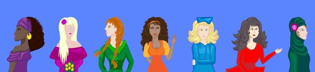 International Women's Day. Horizontal vector banner. Group of women of different age, race, and outfits. 8 March. International Women's Day vector concept, isolated in blue background..