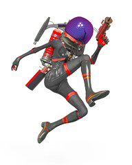 alien girl astronaut is holding a gun and jumping in action