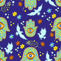 Fototapeta na wymiar Seamless pattern with Hamsa, doves, olive branches and flowers on a dark background