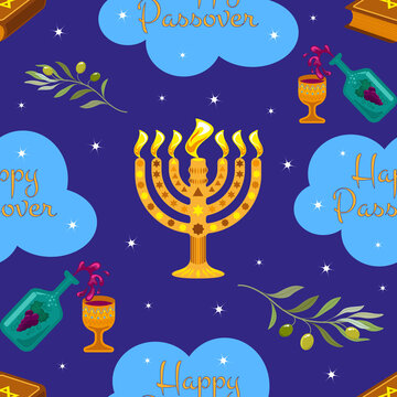 Seamless pattern with Menorah, Torah and festive wine for the holiday of Jewish Passover