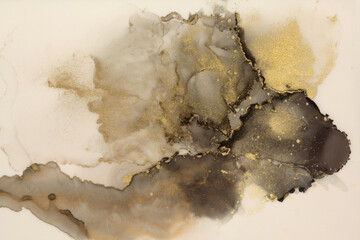 Art Abstract smoke watercolor painting blots horizontal background. Alcohol ink black and gold glitter colors. Marble texture.