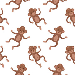 Funny brown monkeys on a white background. Simple childish vector seamless pattern.