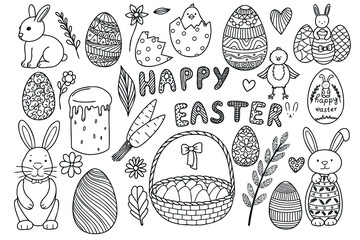 Vector set of Easter theme. Rabbits, chickens and Easter cakes and eggs. Coloring.