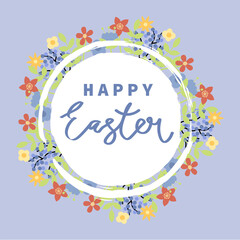 Easter greeting frame.Vector illustration with flowers and Easter eggs. Happy Easter greetings text. Design for web, site, banner, poster, card, paper print, postcard, flyer. Vector illustration