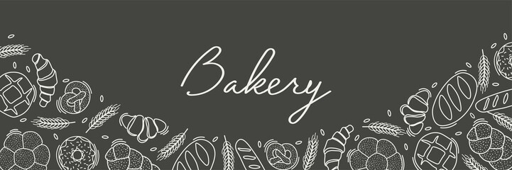 Trendy Vector horizontal background for bakery or cafe.Illustrations of buns,bread,baguette,and other pastries for packaging,labels,or signage.Line Art of food for banner, flyer or menu.Lettering