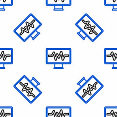 Line Computer monitor with cardiogram icon isolated seamless pattern on white background. Monitoring icon. ECG monitor with heart beat hand drawn. Colorful outline concept. Vector