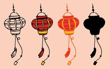 Chinese lanterns are yellow and red. round shaped lanterns in a flat style. a set of isolated elements of a Japanese street lamp consisting of balls of red and yellow colors, an isolated black outline