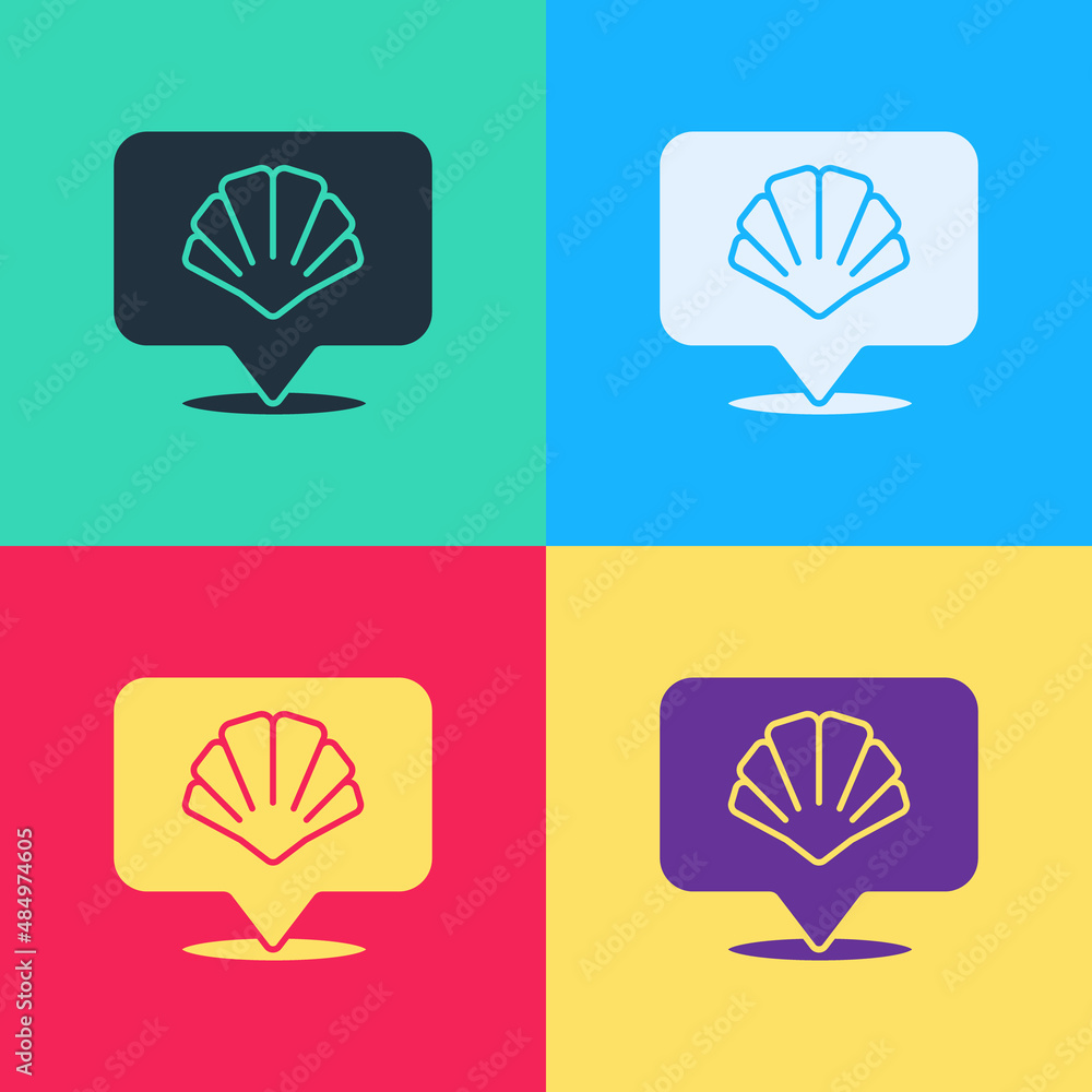 Poster pop art scallop sea shell icon isolated on color background. seashell sign. vector