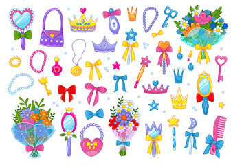 Set of accessories for beauty girl princess or fairy. Bows, crown, bouquet of flowers, beads, jewelry, perfume, cosmetics, mirror. Vector illustration in cartoon childish style. Isolated funny clipart © GreenPencil