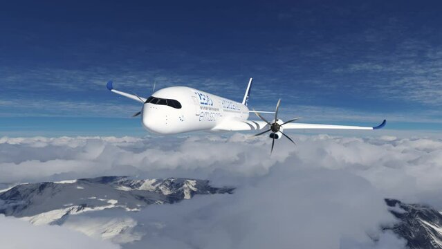 Blue Hydrogen filled H2 Aeroplane flying in the sky - future H2 energy concept.