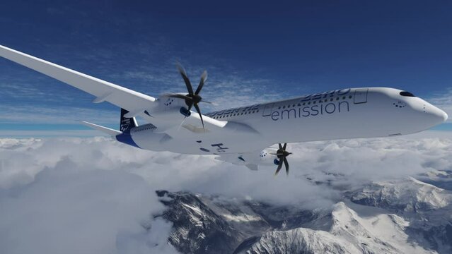 Blue Hydrogen filled H2 Aeroplane flying in the sky - future H2 energy concept.