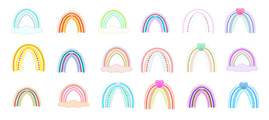 Scandinavian boho rainbows set with clouds and hearts isolated on white background