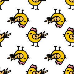 yellow chicken pattern . seamless cartoon-style pattern, cheerful side view with pink crest often placed on white for Easter holiday
