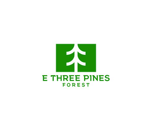 Letter E and number 3 pine tree logo. Negative space pine tree between letter e and number 3