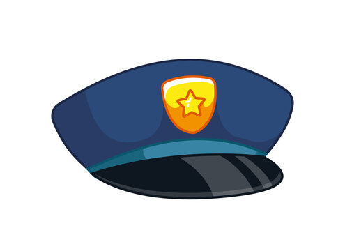 A cute police cap with a golden sheriff's symbol and a star. Vector illustration in cartoon childish style. Isolated funny clipart on white background. cute print.