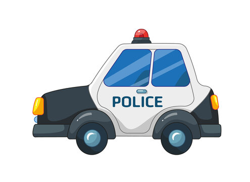Cute police car with outline and siren. Service Vehicle for chasing a criminal. Vector illustration in cartoon childish style. Isolated funny clipart on white background. cute print.