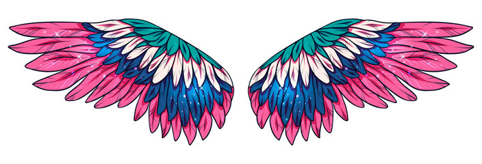 Beauutiful magic bright glittery wings, color vector illustration