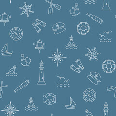 Seamless marine pattern with white outline icons on blue. Nautical background. Vector flat simple illustration