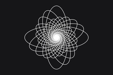 White lines Spirograph tunnel or flower spiral logo on black background. Vector illustration.