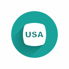White USA Independence day icon isolated with long shadow background. 4th of July. United States of America country. Green circle button. Vector