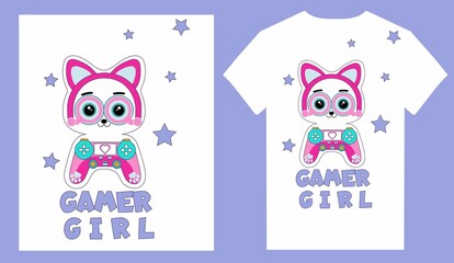 Gamer Girl cute T shirt design template vector illustration