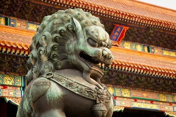 Bronze lion in the Forbidden City. The Forbidden City is a palace complex in central Beijing, China.