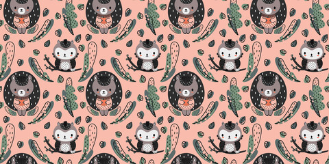 Seamless pattern of cute little hedgehogs and owls sitting on a branch surrounded by forest vegetation and leaves on a pink background Design of girly children's clothing, packaging, nursery  Vector