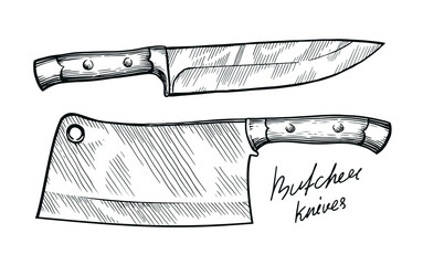 Kitchen and meat cutting knives set. Cleaver chef and butcher tools. Sketch vintage vector illustration - obrazy, fototapety, plakaty